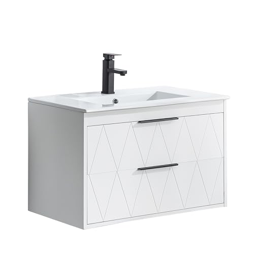 UEV Waschtisch mit Unterschrank, Hängend Badezimmerschrank mit Soft-Close System,Waschbecken aus Keramik, 75cm, Badezimmmer Möbel für Gäste WC, Badmöbel Set für Badezimmer Weiß von UEV