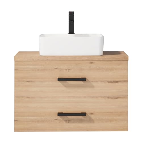 UEV Waschtisch mit Unterschrank, Waschbeckenunterschrank 80,5 cm hängend, Schubladen mit Soft-Close-System, Badezimmmer Möbel für Gäste WC Waschbecken aus Keramik,Natur von UEV
