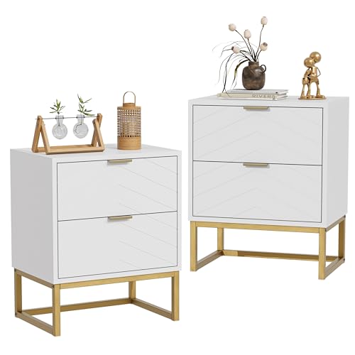 UEV nachttisch aus Holz 2er Set, Nachtschrank mit Schubladen, Nachtkommode Boxspringbetten, Sofatisch mit Beine, Kleiner Beistelltisch für Wohnzimmer Schlafzimmer weiß von UEV