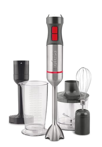 Ufesa BP4654 Vario 1200 Max Handmixer, Leistung 1200 W, 20 Geschwindigkeiten + Turbo, Gehäuse und 4 Edelstahlklingen, Ergonomisches und Spritzschutzdesign, Zubehör inklusive, BPA-frei von UFESA