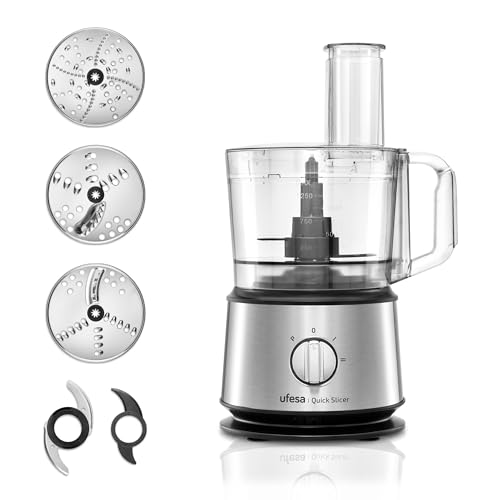 Ufesa Quick Slicer Multifunktions-Foodprozessor 10-in-1, 1200W, 1,5L Fassungsvermögen, Edelstahlgehäuse, x3 Doppelseitige Scheiben, x1 Schneidemesser, x1 Rührlöffel von UFESA