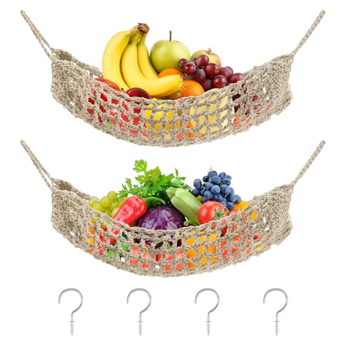 UFURMATE Makramee-Obst-Hängematte, Baumwoll-Obsthalter, Netz, Unterschrank, Gemüse, Aufbewahrung, platzsparend, Küchendekoration mit Haken, 2 Stück von UFURMATE