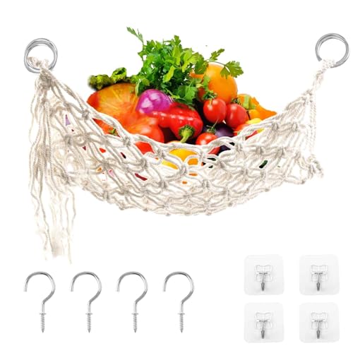 UFURMATE Obst-Gemüse-Hängematte, 1 Stück, hängende Obst-Hängematte mit Haken, rechteckiger Hängehalter für Küchendekoration, platzsparender Obstkorb unter dem Schrank (Baumwolle, Weiß) von UFURMATE