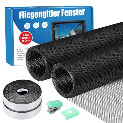 UFYTT 2 Stk Fliegengitter Fenster, 130x150cm Moskitonetz Fenster Katzensicher Ohne Bohren, Mückennetz Fensternetz Insektenschutz Fiberglas, Fliegennetz Insektengitter Klettband Zuschneidbar (Schwarz) von UFYTT
