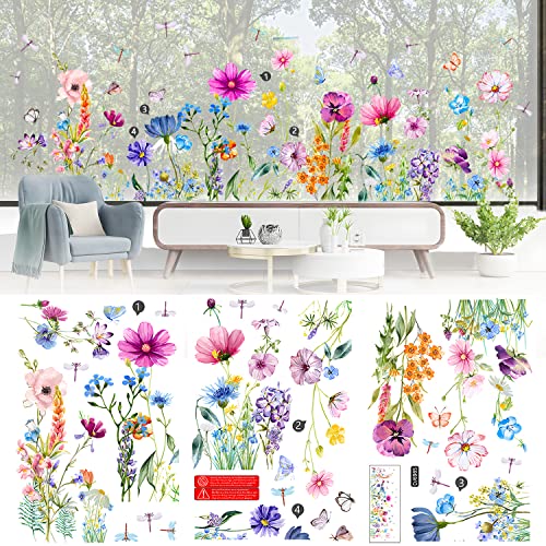 Fensterbilder Frühling Selbstklebend Fensteraufkleber Fenstersticker Blumen Libellen Fensterdeko Anti-Kollision Deko Fensterfolie Fensterbild für Kinderzimmer Kinder Party Zubehör von UGBO