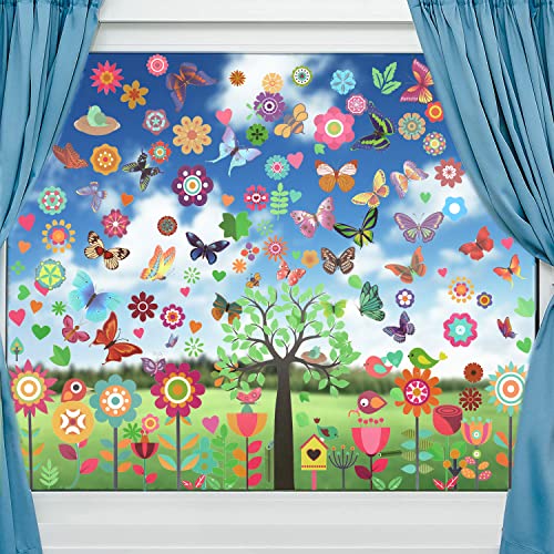 Fensterbilder Frühling Selbstklebend Fensteraufkleber Schmetterlinge Fenstersticker Blumen Fensterdeko Anti-Kollision Deko Fensterfolie Fensterbild für Kinderzimmer Kinder Party Zubehör von UGBO