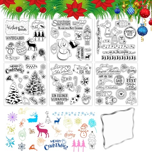 Silikonstempel Clear Stamp Weihnachten Deutsch Sprüche Set Stempel Silikon Clear Stempel Stempelset mit Stempelblock für DIY Dekoration Bullet Journal Scrapbooking Fotoalbum 6 Stück von UGBO