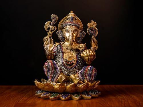 Ganesha-Statue aus Messing, 24,1 cm, großes Ganesha-Idol auf Lotus, traditionelles Ganesha-Murti-Schaustück für Heimdekoration und Geschenke von UGRA