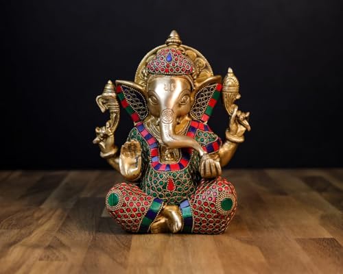 UGRA Ganesha-Statue aus Messing, 21 cm, mit Mosaiksteinwerk, Ganpati Idol für Glück von UGRA