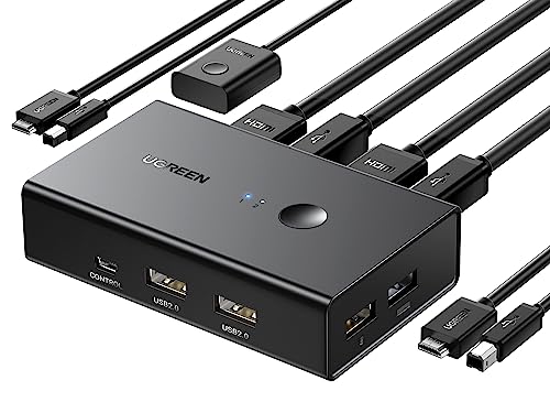 UGREEN HDMI 2.0 KVM Switch 2 PC 1 Monitor USB Switch 2 PC 4K@60Hz HDMI Switch mit Desktop Steuerung für 2 PC Share 1 HDMI Monitor und 4 USB Anschlüsse für Tastatur, Maus, Drucker, Webcam, USB Mic usw. von UGREEN