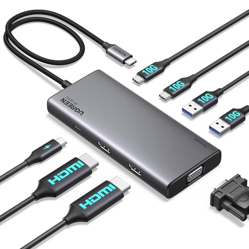 UGREEN Revodok Pro 308 Triple Display Docking Station USB C Hub 2HDMI VGA(4K@60Hz max.), 10Gbps USB Ports(2*USB A, 2*USB C), PD 100W, Kompatibel mit MacBook Air/Pro, XPS 15, ThinkPad X1 usw. von UGREEN