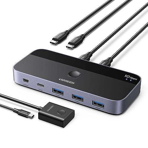 UGREEN USB C Switch 2PC 10Gbps USB Switch 3.2 2 In 4 Out mit Desktop Kontroller USB Umschalter Aluminiumgehäuse mit 2USB C auf C Kabeln für Tastatur, Maus, Drucker, USB Stick usw. von UGREEN