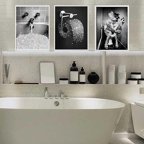 Moderne Badezimmer Leinwand Bilder, 3 Stück Schwarz und Weiß Leinwand Poster Set Moderne Lustige Badezimmer Wand Kunst Poster-ohne Rahmen(A,3x70x100cm) von UGZDEA