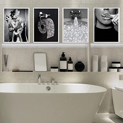 Moderne Badezimmer Leinwand Bilder, 4 Stück Schwarz und Weiß Leinwand Poster Set Moderne Lustige Badezimmer Wand Kunst Poster-ohne Rahmen (B, 4x30x40cm) von UGZDEA