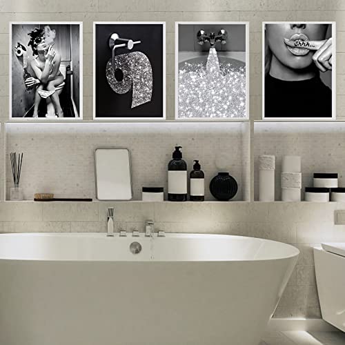 Moderne Badezimmer Leinwand Bilder, 4 Stück Schwarz und Weiß Leinwand Poster Set Moderne Lustige Badezimmer Wand Kunst Poster-ohne Rahmen (B, 4x40x60cm) von UGZDEA