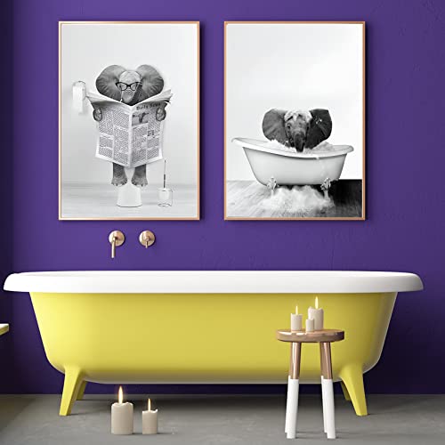 UGZDEA Tier in der Badewanne Leinwand Bilder, Schwarz Weiß Hochlandkuh Elefant Badezimmer Poster Modernes Wohnzimmer Schlafzimmer Home Decor-ohne Rahmen (D, 2x60x80cm) von UGZDEA