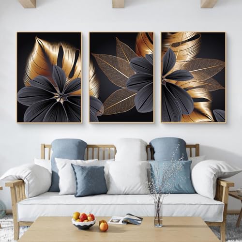 UGZDEA Abstrakte Leinwand Poster, Moderne Schwarz Gold Pflanzenblätter Kunstposter Nordischen Wohnzimmer Schlafzimmer Deko Bild-Ohne Rahmen (3x30x40cm, A) von UGZDEA