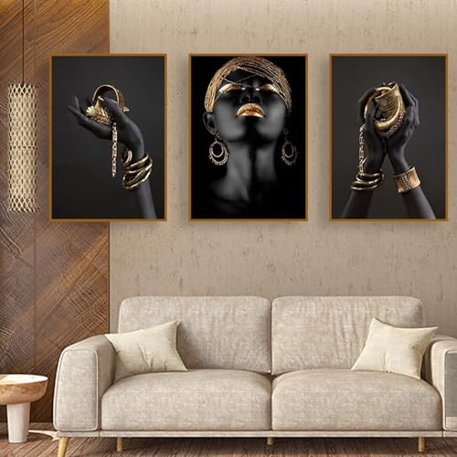 UGZDEA Afrikanische Frau Leinwand Bilder Set, Gold Schwarze Frauen Poster Modern Dekoration Poster Malerei-Ohne Rahmen (No Framed-1, 3 * 30x40cm) von UGZDEA