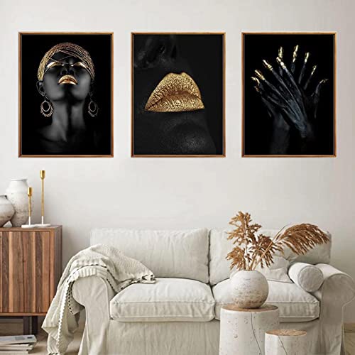 UGZDEA Afrikanische Frau Leinwand Bilder 3er Set, Gold Sammlung Schwarze Frauen Poster Modern Wohnzimmer Schlafzimmer Dekoration Poster Malerei-No Framed (No Framed-2, 3 * 60x80cm) von UGZDEA