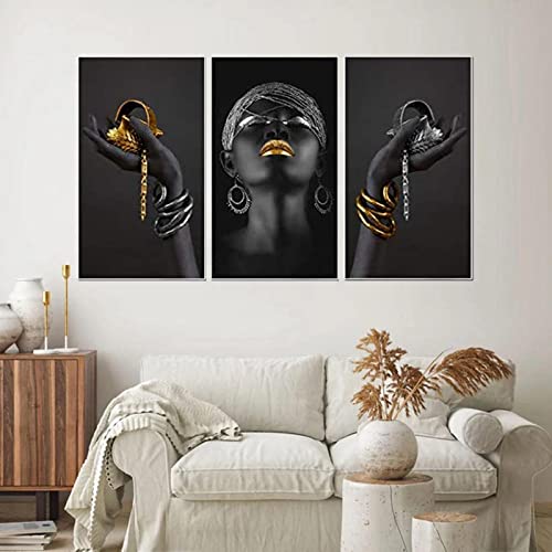 UGZDEA Afrikanische Frau Leinwand Bilder 3er Set, Gold Sammlung Schwarze Frauen Poster Modern Wohnzimmer Schlafzimmer Dekoration Poster Malerei-No Framed (No Framed-4, 3 * 40x50cm) von UGZDEA