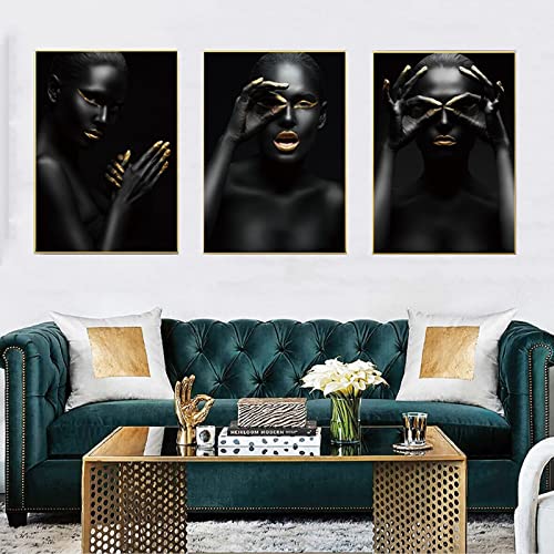 UGZDEA Afrikanische Frau Leinwand Bilder 3er Set, Gold Sammlung Schwarze Frauen Poster Modern Wohnzimmer Schlafzimmer Dekoration Poster Malerei-No Framed (No Framed-6, 3 * 50x70cm) von UGZDEA