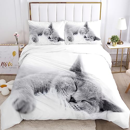 UGZDEA Katze Bettwäsche Set, nettes 3D Haustier Katze Weiches Mikrofaser Steppbrett Set Mädchen Jungen Kinder Bettwäsche mit Bettbezug und Kissenbezug (A, Double（200x200cm）) von UGZDEA