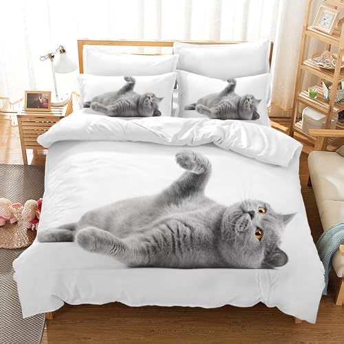 UGZDEA Katze Bettwäsche Set, nettes 3D Haustier Katze Weiches Mikrofaser Steppbrett Set Mädchen Jungen Kinder Bettwäsche mit Bettbezug und Kissenbezug (B, Double（200x200cm）) von UGZDEA