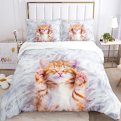 UGZDEA Katze Bettwäsche Set, nettes 3D Haustier Katze Weiches Mikrofaser Steppbrett Set Mädchen Jungen Kinder Bettwäsche mit Bettbezug und Kissenbezug (C, Double（200x200cm）) von UGZDEA