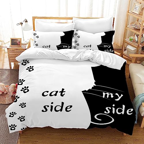 UGZDEA Katze und Meine Seite drucken Bettwäsche Set, Bettwäsche 3 Stück Set Schwarz Weiß Weiches Mikrofaser Steppbrett Set für Erwachsene Schlafzimmer Dekoration (B, Single（135x200cm）) von UGZDEA