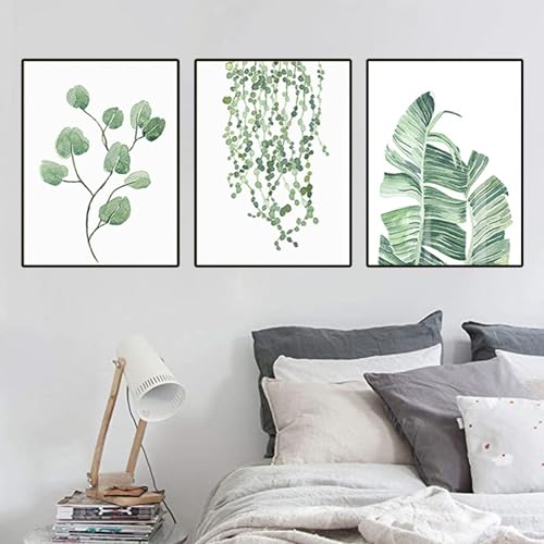 UGZDEA Leinwand Poster 3er Set, Moderne Triptychon Aquarellgrünpflanzen Plakate Druckmalerei Pflanzenblätter Wohnzimmer Schlafzimmer Deko Bild-Ohne Rahmen(D,3x20x30cm) von UGZDEA