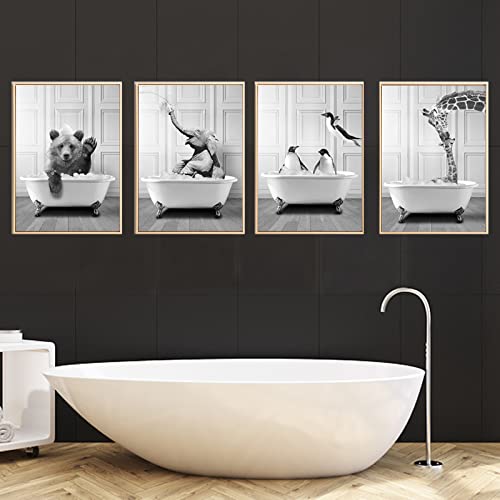 UGZDEA Tier in der Badewanne Leinwand Bilder, Schwarz Weiß Hochlandkuh Elefant Badezimmer Poster Modernes Decor-ohne Rahmen (No Framed-3, 4x40x60cm) von UGZDEA