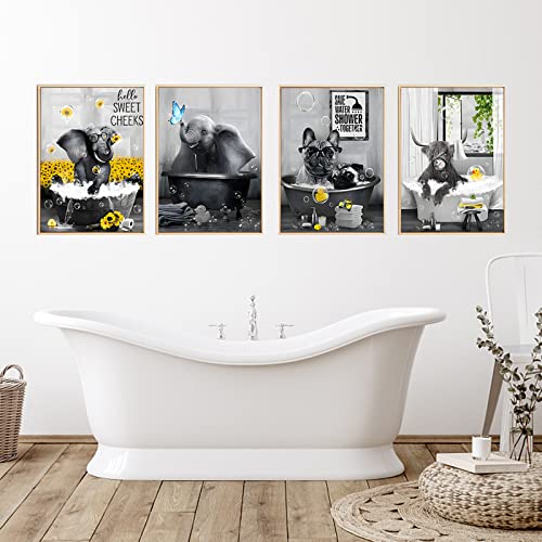 UGZDEA Tier in der Badewanne Leinwand Bilder, Schwarz Weiß Bär Elefant Kuh Alpaka Badezimmer Poster Home Decor-ohne Rahmen (No Framed-4, 4x20x30cm) von UGZDEA