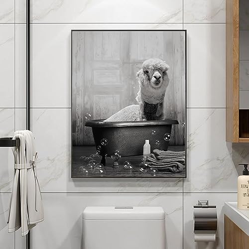 UGZDEA Tier in der Badewanne Leinwand Bilder, Schwarz Weiß Bär Elefant Kuh Alpaka Badezimmer Poster Home Decor-ohne Rahmen (E, 60x80cm) von UGZDEA