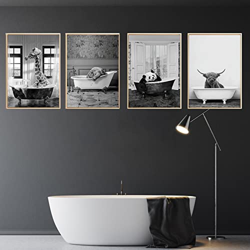 UGZDEA Tier in der Badewanne Leinwand Bilder, Schwarz Weiß Hochlandkuh Elefant Badezimmer Poster Modernes Decor-ohne Rahmen (No Framed-1, 4x40x60cm) von UGZDEA