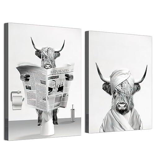 UGZDEA Tier in der Badewanne Leinwand Bilder, Schwarz Weiß Hochlandkuh Elefant Badezimmer Poster Modernes Wohnzimmer Schlafzimmer Home Decor-ohne Rahmen (B, 2x60x90cm) von UGZDEA