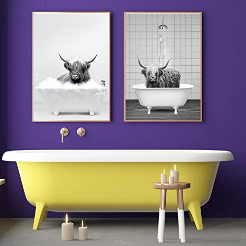 UGZDEA Tier in der Badewanne Leinwand Bilder, Schwarz Weiß Hochlandkuh Elefant Badezimmer Poster Modernes Wohnzimmer Schlafzimmer Home Decor-ohne Rahmen (C, 2x50x70cm) von UGZDEA