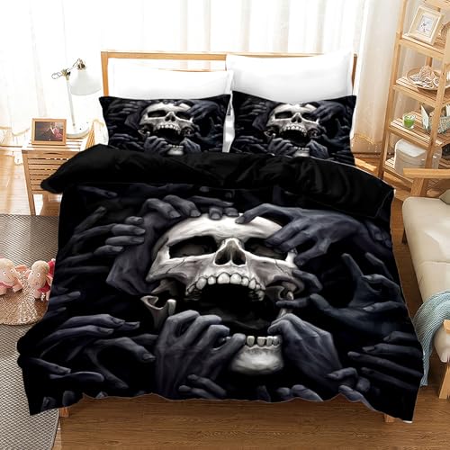 UGZDEA Totenkopf Bettwäsche Set 200x200cm, Gothic Schwarz Skull Motiv Print Bettwäsche Set, Halloween Microfaser Bettwäsche Set Mit Reißverschluss (Totenkopf-1, 200x200cm) von UGZDEA