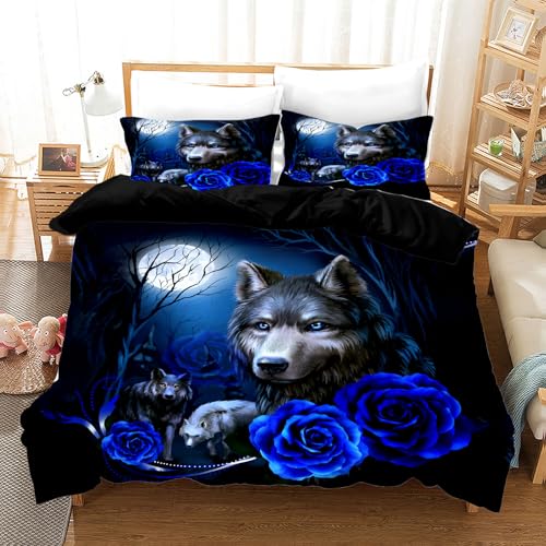 UGZDEA Wolf Bettwäsche Set 200x200cm, 3D Tier Serie Wölfe Rose Print Bettwäsche Set, Weiches Mikrofaser Steppbrett Set für Erwachsene Schlafzimmer Dekoration (Wolf-1, 200x200cm) von UGZDEA