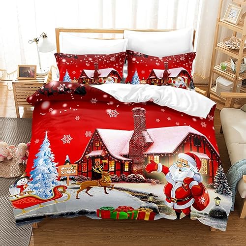 UGZDEA Weihnachts Bettwäsche Set 200x200cm, 3D Christmas Bettwäsche-Set Mit 2 Kissenbezügen, Weihnachtsmann, Weihnachtsbaum, Hirsche, Weihnachten Geschenk Für Kinder Teenager (D, 200x200cm) von UGZDEA