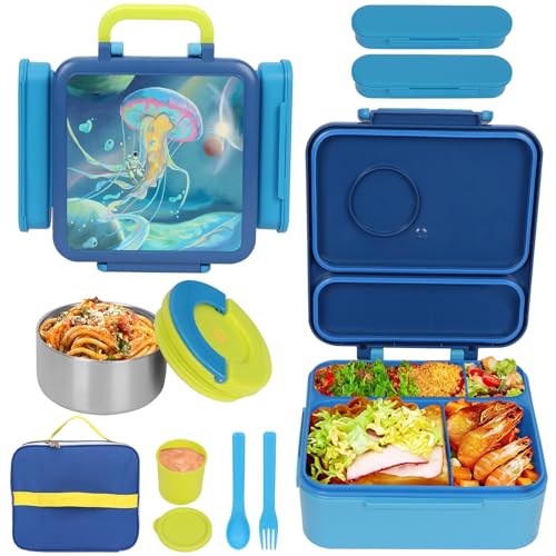 UHAPEER 3 in 1 Brotbox Kinder, Bento Box mit Fächern, BPA Frei Lunchbox mit Thermo Schale, Auslaufsicher Brotzeitbox für Kindergarten, Brotdose Schule mit Besteck,Jausenbox,Saucenbox und Tasche von UHAPEER