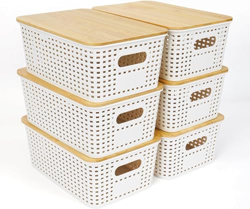UHAPEER Aufbewahrungsbox mit Bambus Deckel, 6 Stücke Aufbewahrungskorb, Kunststoff Korb Aufbewahrung, Kitchen Organizer Weiß, Stapelbare Aufbewahrungsboxen, Kiste mit Deckel 25.6 x 18 x 10.7 cm von UHAPEER