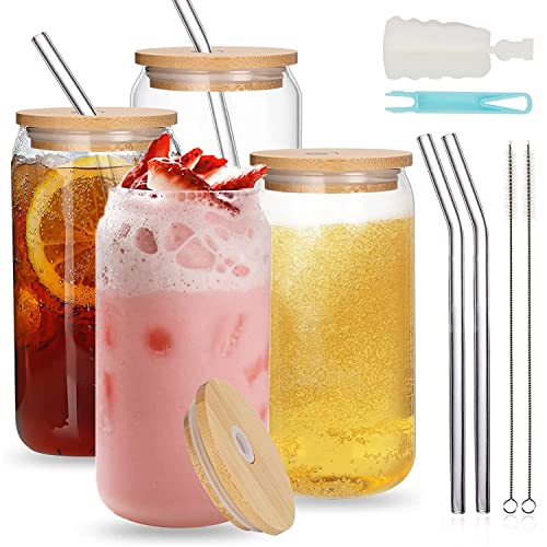 UHAPEER Cocktail Gläser 4er Set, Bier Glas 550ml/19oz, Can Longdrinkglas, Eiskaffee Gläser mit 4 Bambusdeckeln und Strohhalm, Trinkglas in Dosenform für Familie, Camping, Party, Bar von UHAPEER