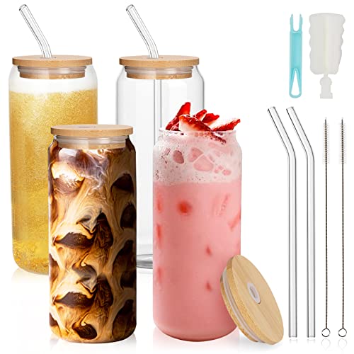 UHAPEER Cocktailgläser 4er Set, Glasbecher mit 4 Deckel und Strohhalm, Iced Coffee Glass Dosenform 660ml/22oz, Biergläser Cocktail Gläser, Trinkgläser für Beer, Soda, Matcha, Cold Tea von UHAPEER