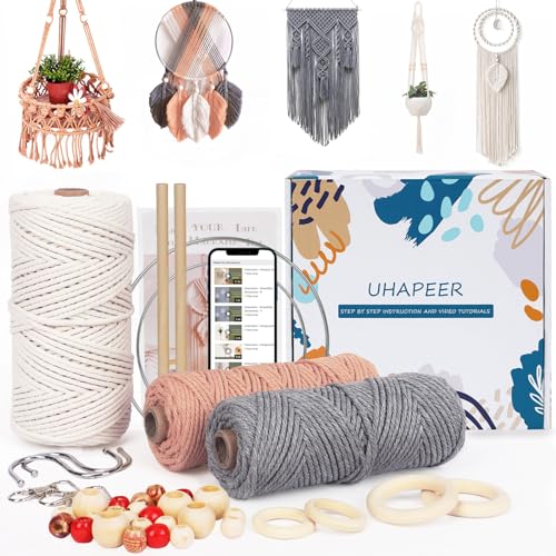 UHAPEER DIY Makramee Kit, 328 Feet Makramee Cord Kit für Anfänger Erwachsene mit Anleitung Wandbehang Pflanzenhänger Kit für Home Room Decor, natürliche Baumwolle, Holzringe, Holzstäbchen von UHAPEER