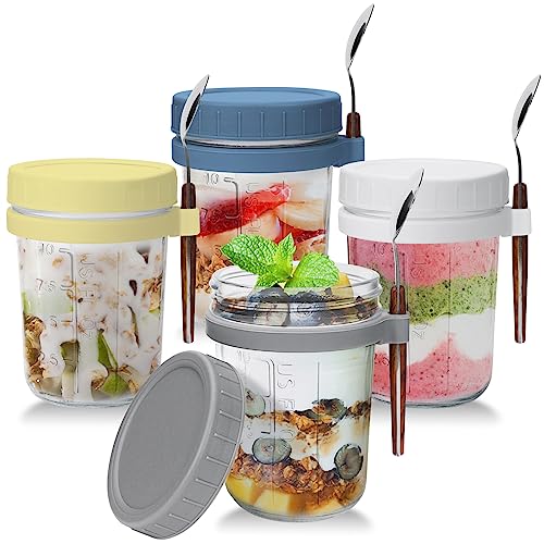 UHAPEER Glas Müslibecher to go mit Deckel und Löffel, 4er Set joghurtbecher to go mit Deckel und Löffel, 350ml Einmachgläser Overnight Oats Gläser, Salatbecher für Jogurt, porridge, cornflakes, muesli von UHAPEER