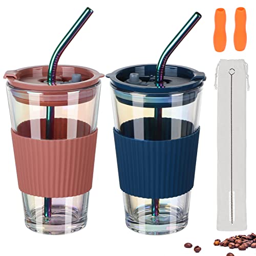 UHAPEER Glasbecher 450ml 2er Set, Smoothie becher to go, Trinkbecher mit Spritzfestem deckel und strohhalm, Travel Mug, Eiskaffee becher to go, BPA Free Whiskeygläser Trinkglas von UHAPEER