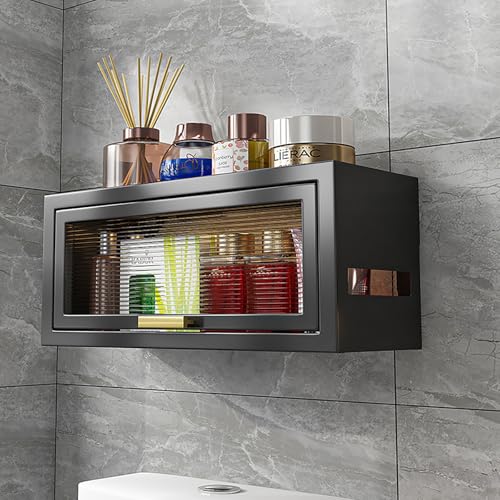 UHDUIG Badezimmer Regal Wand Organizer über Toilette Lagerung Aufbewahrungsregal Hängeregal mit durchsichtige Tür Badezimmermöbel Für Toilette Badezimmer (Schwarz,Wandmontiert) von UHDUIG