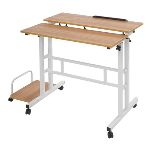 UHDUIG Multifunktionaler Klappbarer Schreibtisch Höhenverstellbarer Schreibtisch mit sechs Universalräder für Schlafzimmern, Wohnzimmern, Kinderzimmern (Light Walnut+White) von UHDUIG