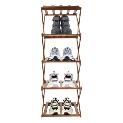 UHDUIG Schuhregal aus Bambus Faltbares kleines Schuhablage Tragbar Freistehendes ohne Installation für Wohnzimmer Schlafzimmer Garderoben Veranden (Braun, 5 Ebenen) von UHDUIG