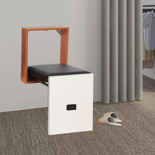 Wandklappstuhl Klappbank Wand Badewannensitz Klappstuhl Schuhwechselhocker Duschhocker Kann für Schnelle Schuhwechsel oder Ruhepausen Verwendet Werden, Belastbar bis 150 kg (Schwarz, Weiß und Holz) von UHDUIG